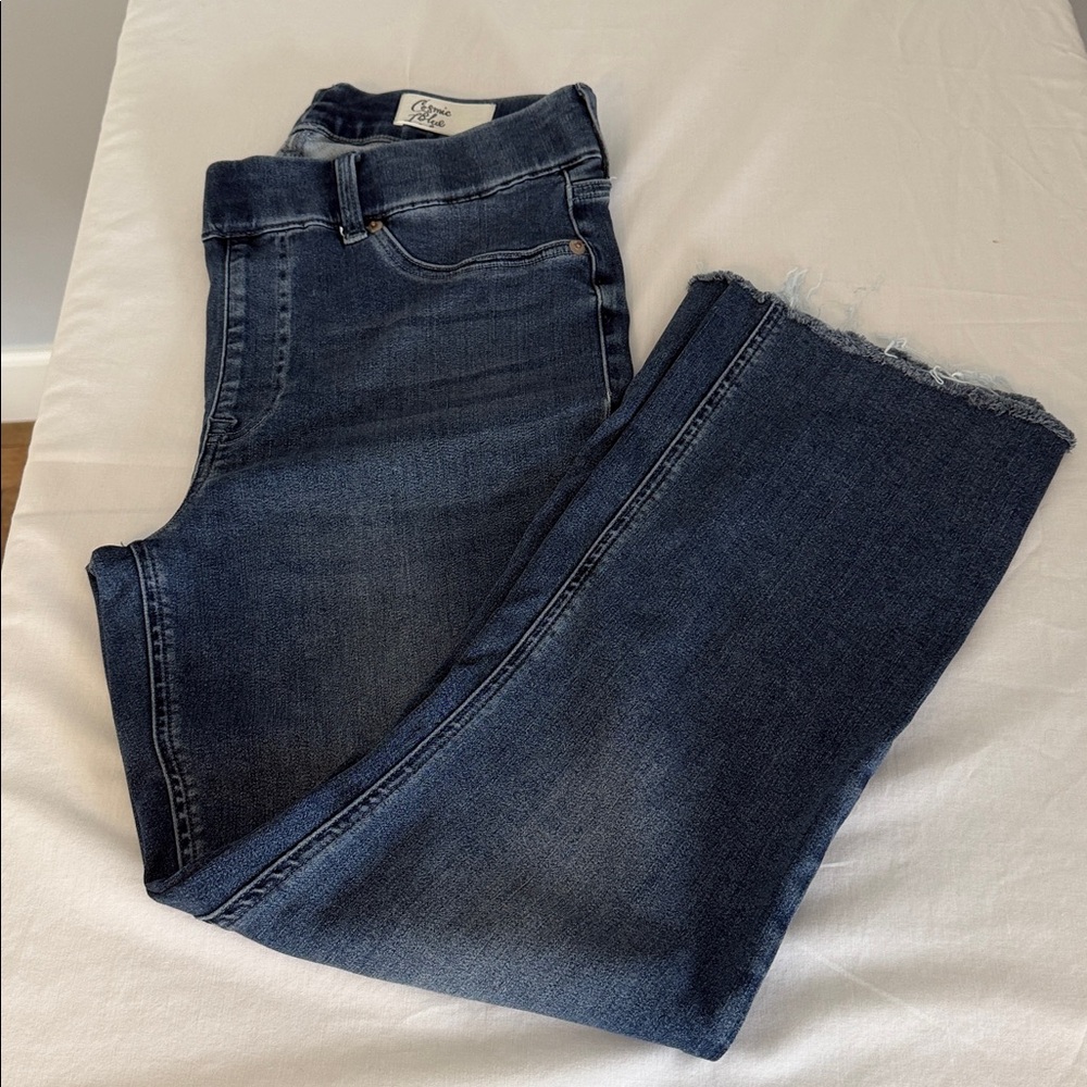 Women’s Blue Jeans | Ankle Flare Raw Hem | Stretch Denim Elastic Waist